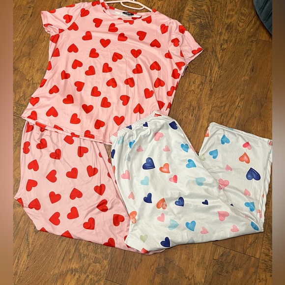 Wmns Pajamas Lounge Set Short Sleeve Long Elastic Waist Pants Hearts Pink/red 3x - Picture 1 of 12